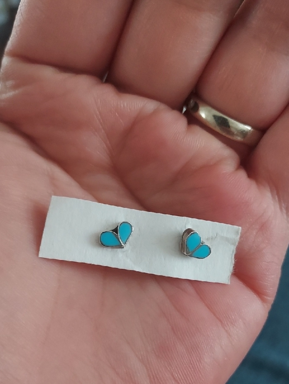 Sterling Silver Heart Studs Earrings With Turquoise Inset Native American Zuni?